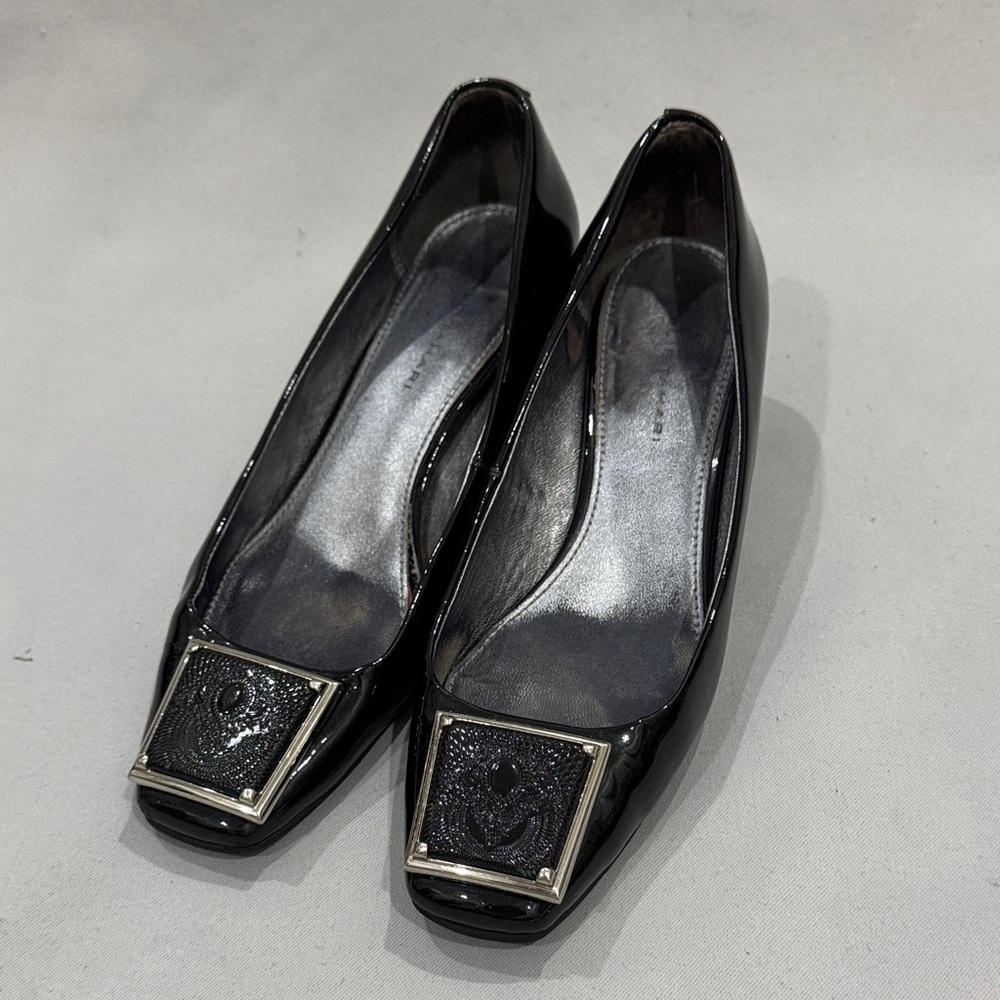 Elie Tahari Black Patent Leather Heels with Embellished Toe & Metallic Heel